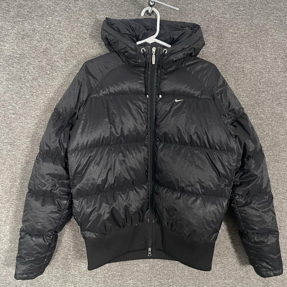 Nike Jacket Mens LT Black Goose Down Puffer Hooded Full Zip Bomber Rib Hem